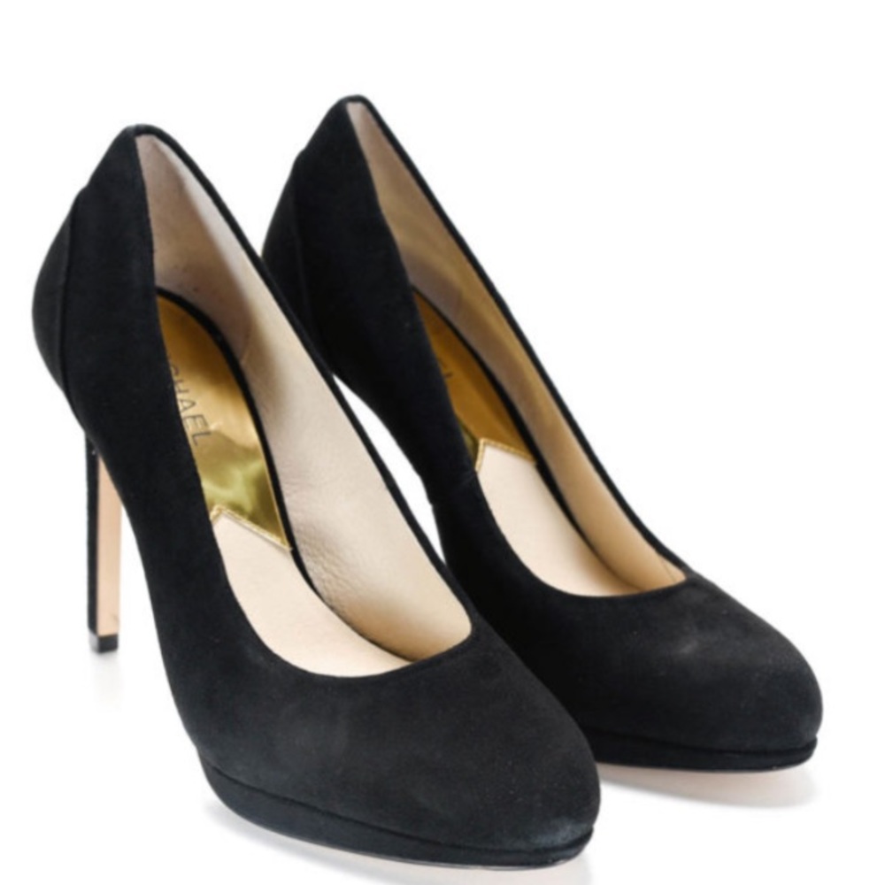 New Michael Kors Yasmine suede pumps Black gold cap logo on heels US 8 inbox⭐️⭐️ - Picture 15 of 17
